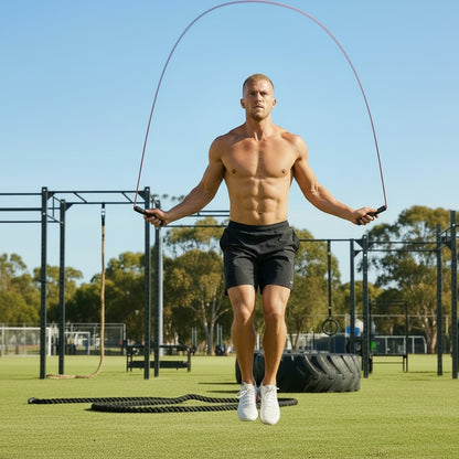 Corde à sauter crossfit un homme torse nu sautant dans un espace sport
