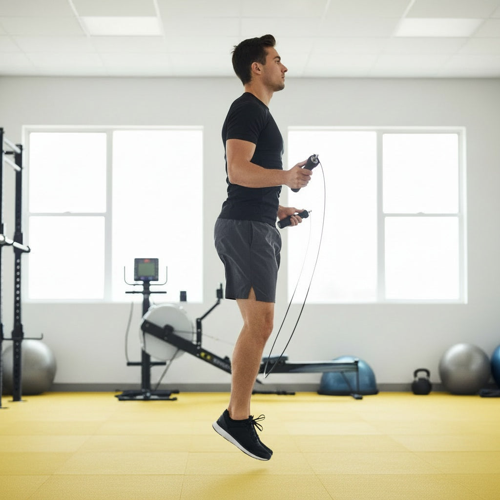 Corde à sauter crossfit une personne lors d'un saut dans une salle d'entrainement physique