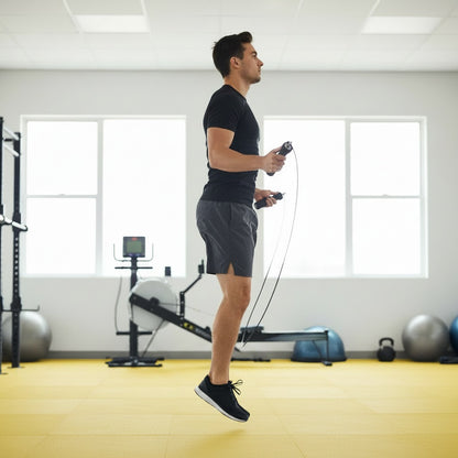 Corde à sauter crossfit une personne lors d'un saut dans une salle d'entrainement physique