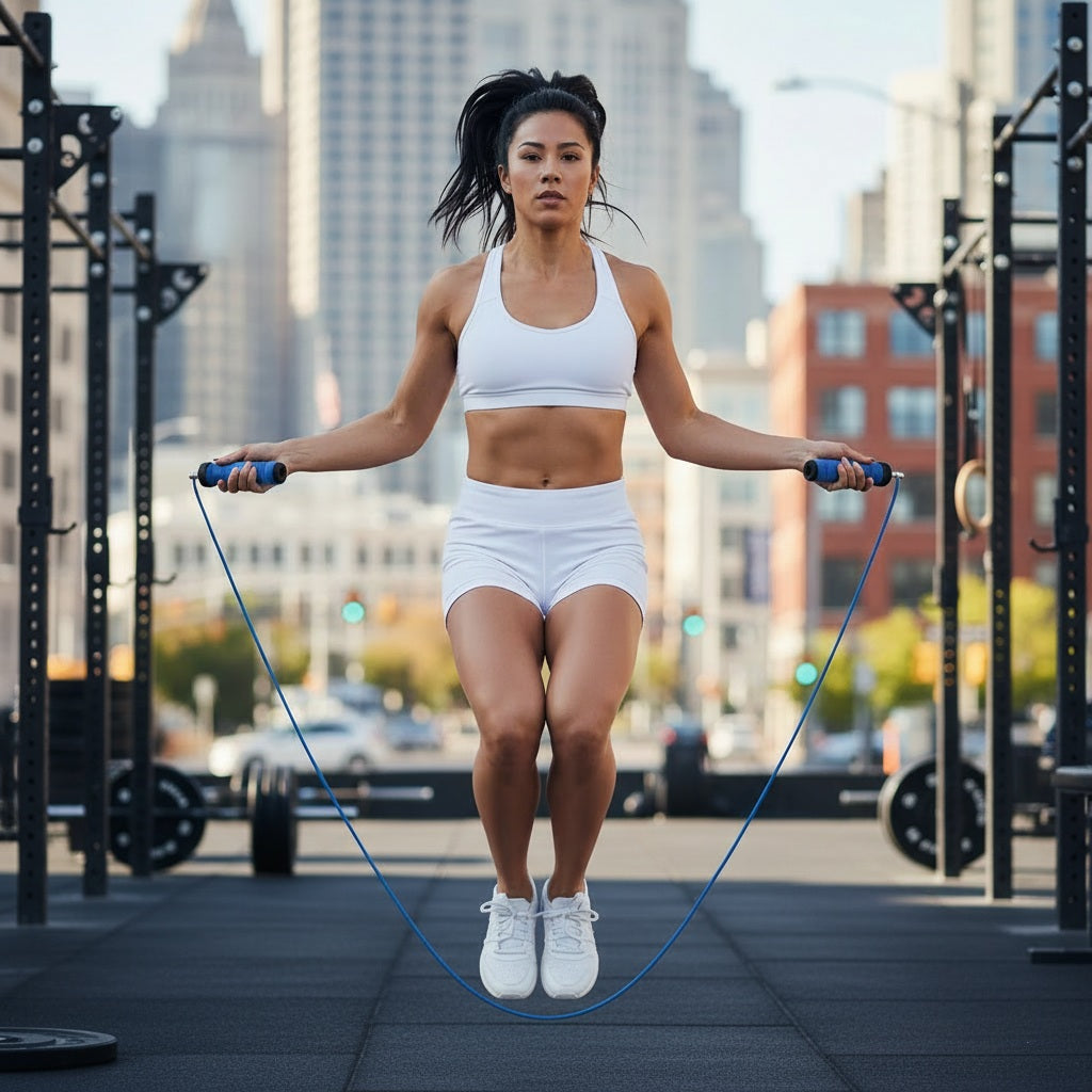 Corde à sauter crossfit une personne lors d'un saut rapide en ville