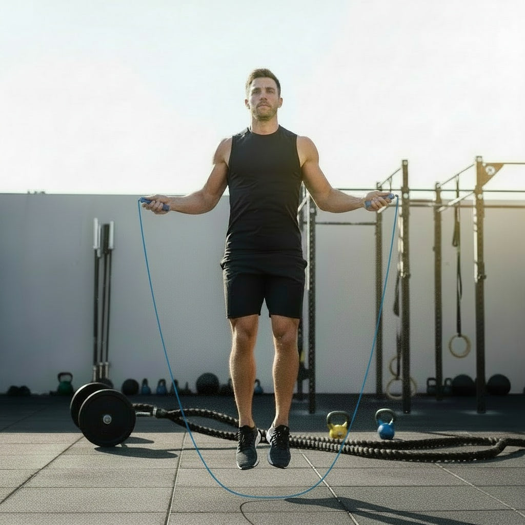 Corde à sauter crossfit une personne lors d'une séance intensive à l'extérieur