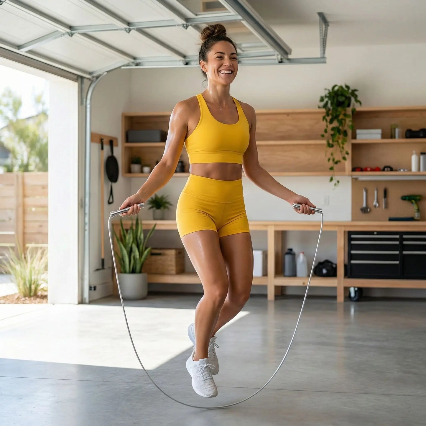 Corde a sauter femme sautant à la corde dans garage