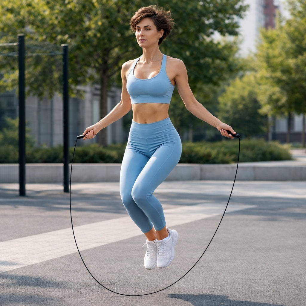 Corde à sauter femme saute dans un parc de ville