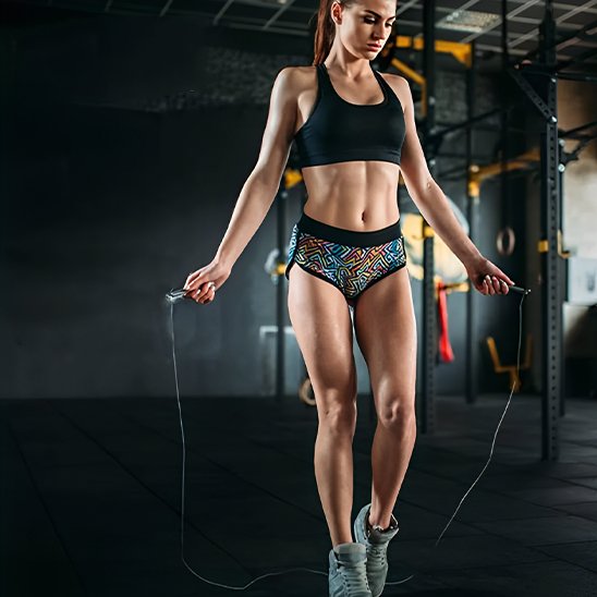 Corde à sauter femme se prépare à sauter au gym