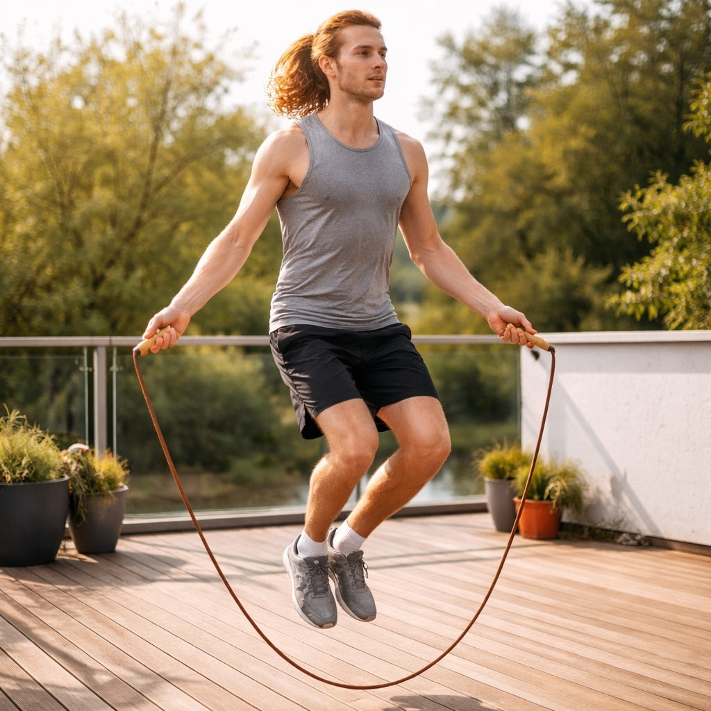 Corde à sauter homme sautant sur une terrasse de toit