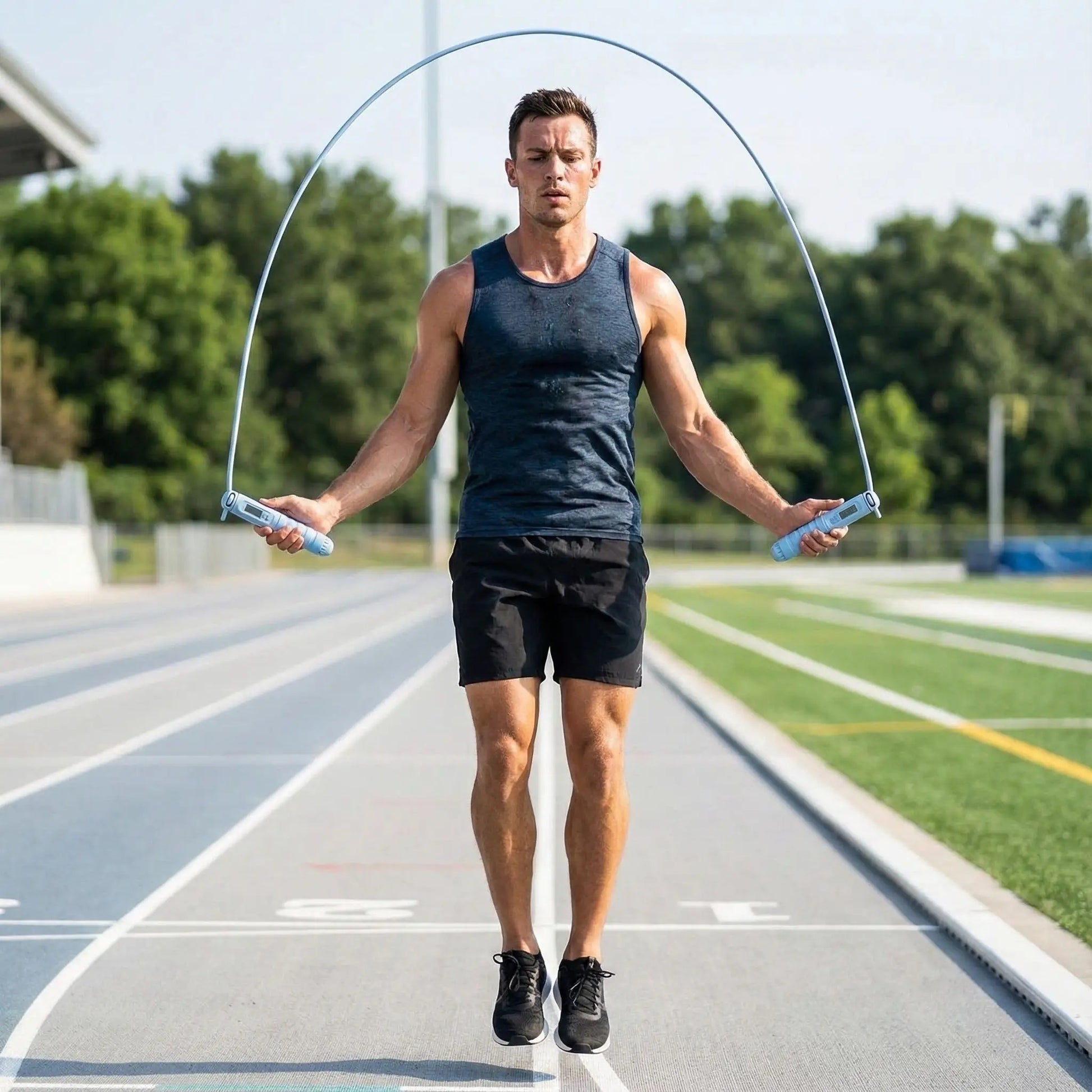 Corde à sauter homme saute dans un terrain de sport