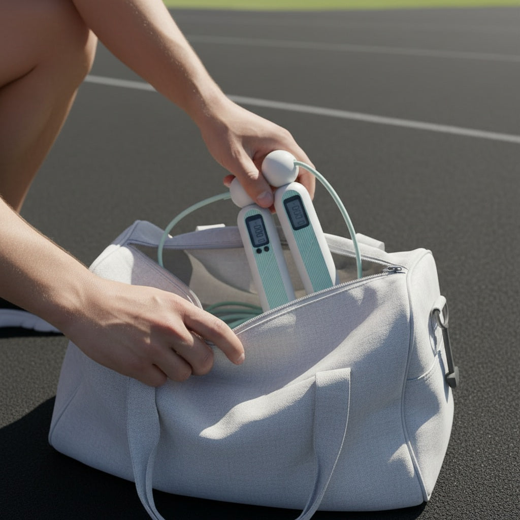 Corde à sauter numérique sans fil une personne rangeant la paire dans un sac sport