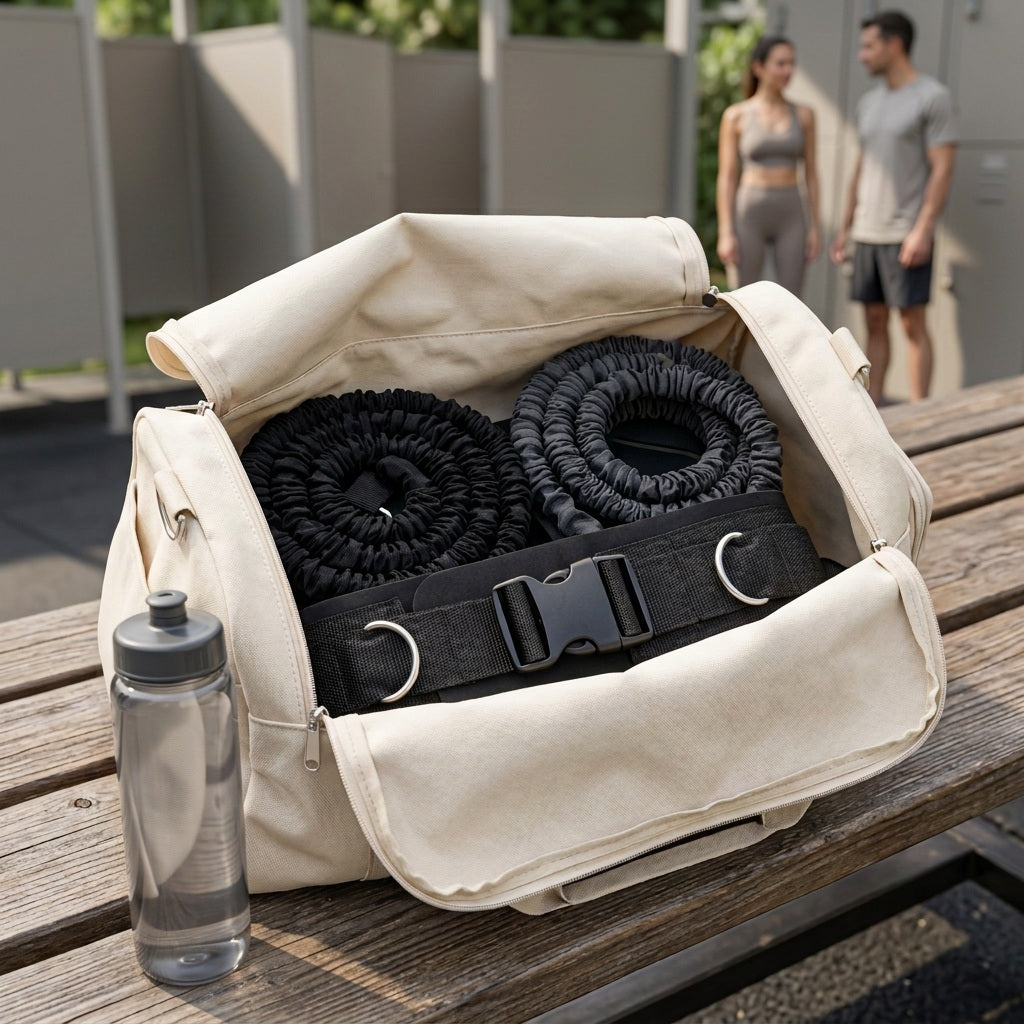 Corde fitness un sac d'entraînement avec le matériel placé sur un banc dans un vestiaire sportif dehors et montrant deux personnes discutant à l'arrière plan