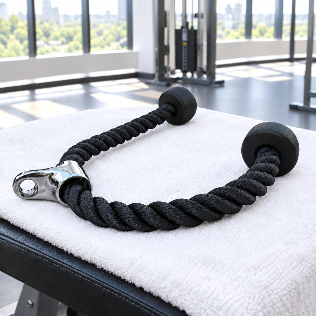 Corde musculation le modèle déposé sur une serviette de gym placé sur un banc d'entraînement dans un gym fenêtré