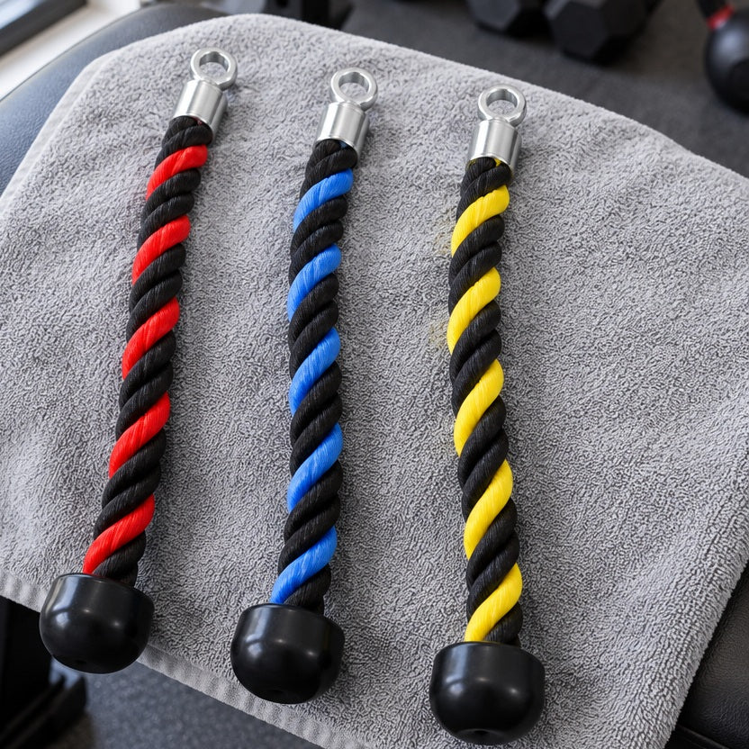 Corde poulie musculation les trois modèles de couleurs disposé sur une serviette de gym placé sur un banc sportif 