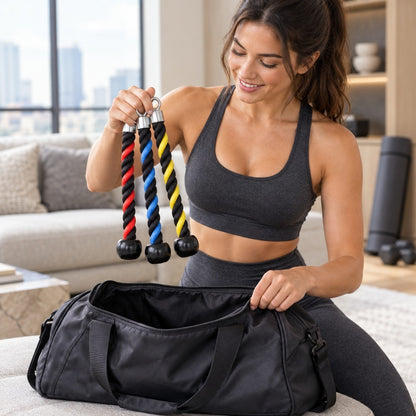 Corde poulie musculation une femme rangeant l'équipement sportif dans un sac sport dans un salon d'une résidence moderne