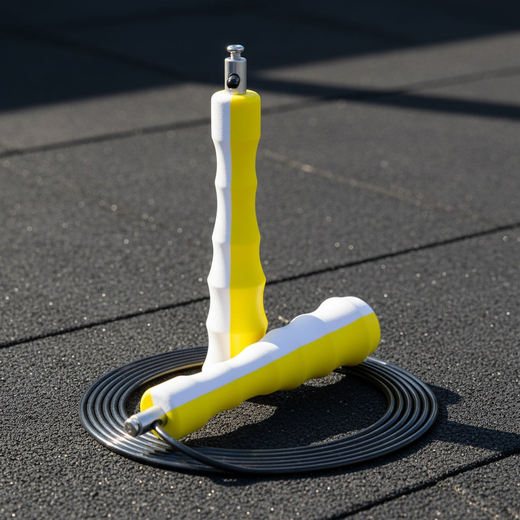 Cordes à sauter crossfit modèle de couleur jaune et blanc sur un sol d'espace entraînement