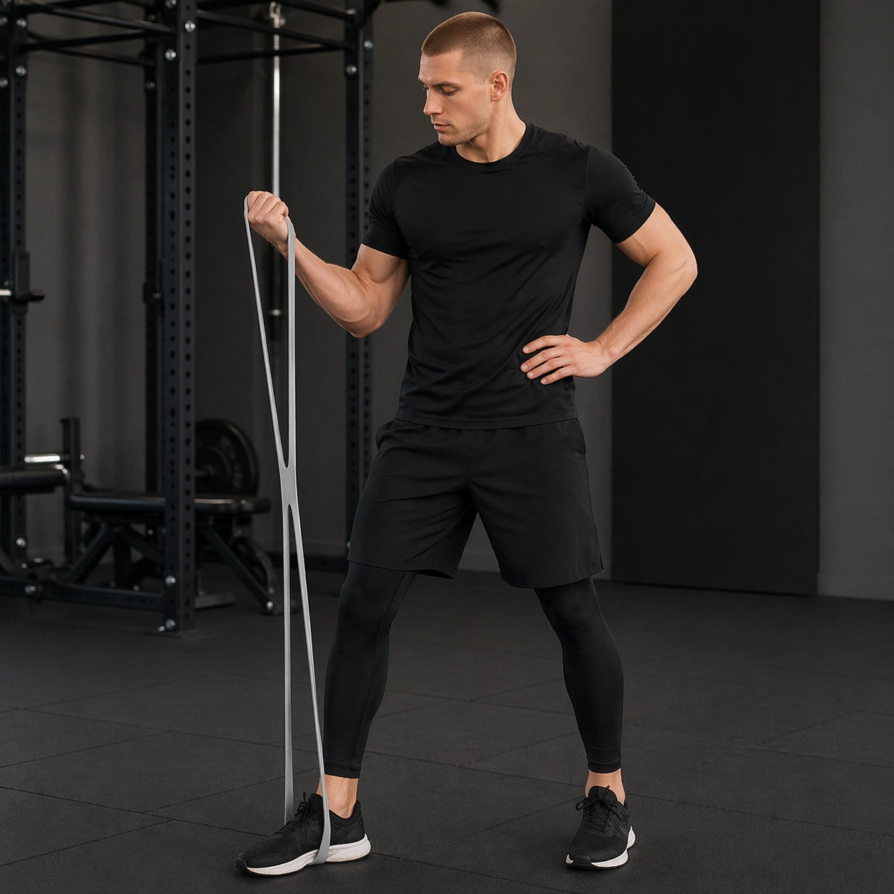 Élastique muscu une personne l'utilisant pour renforcer les bras en salle