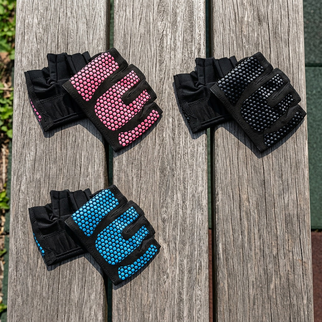 Gant fitness les trois paires de couleurs assorties placé sur un banc en bois dans un parc sportif