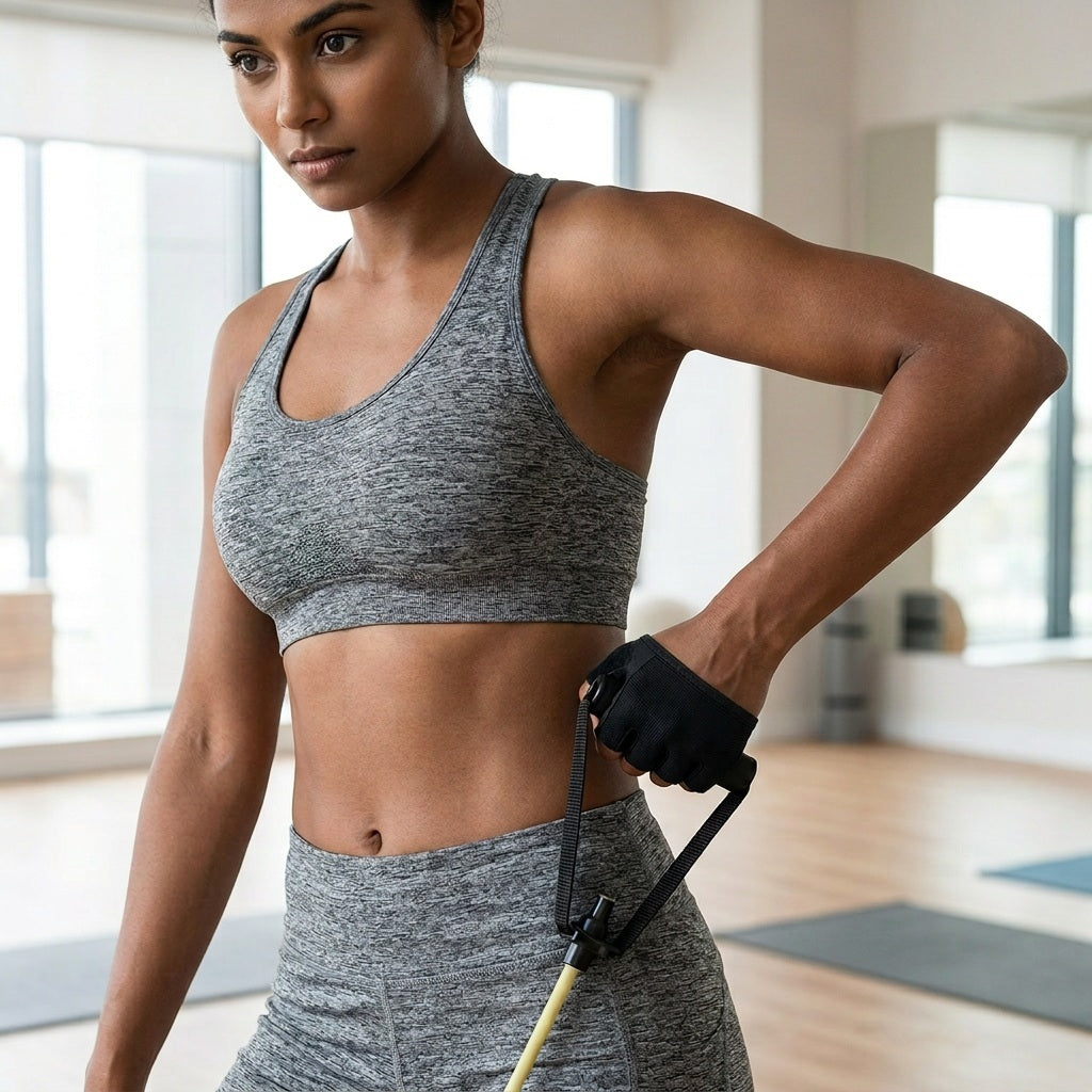 Gant fitness une personne portant la paire pendant un exercice avec une bande de résistance dans une salle fitness