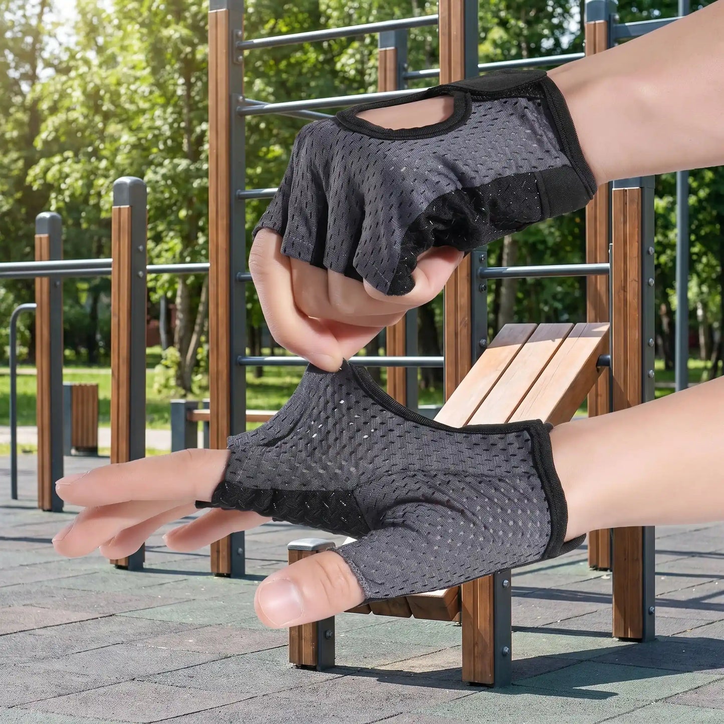 Gant musculation porté par une personne pendant un entraînement renforcement à l'extérieur