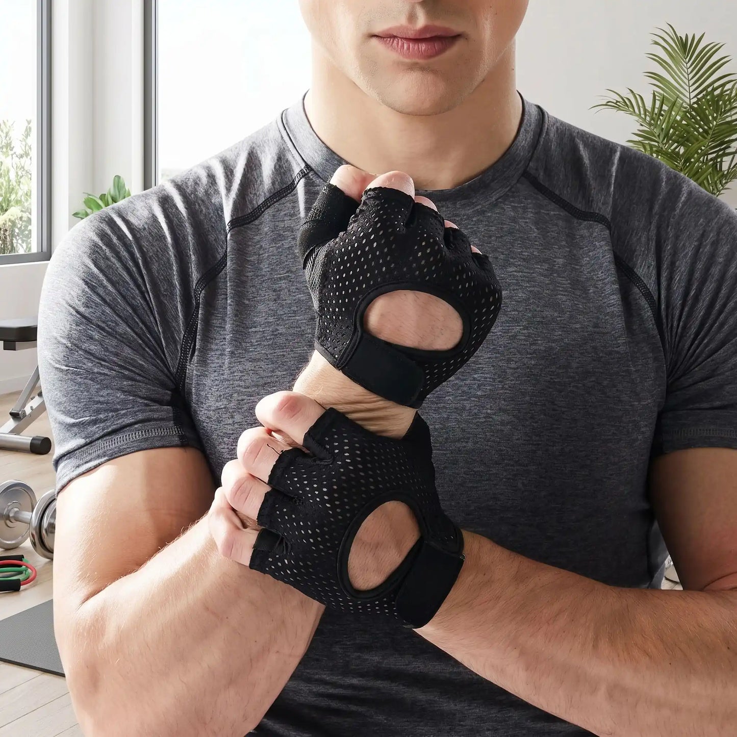 Gant musculation porté par une personne pendant un entraînement renforcement à la maison