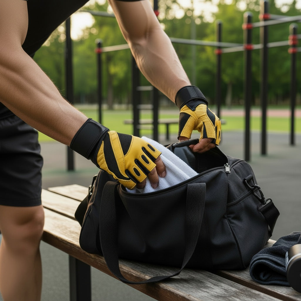 Gant pour musculation une personne sortant une serviette d'entraînement d'un sac sport