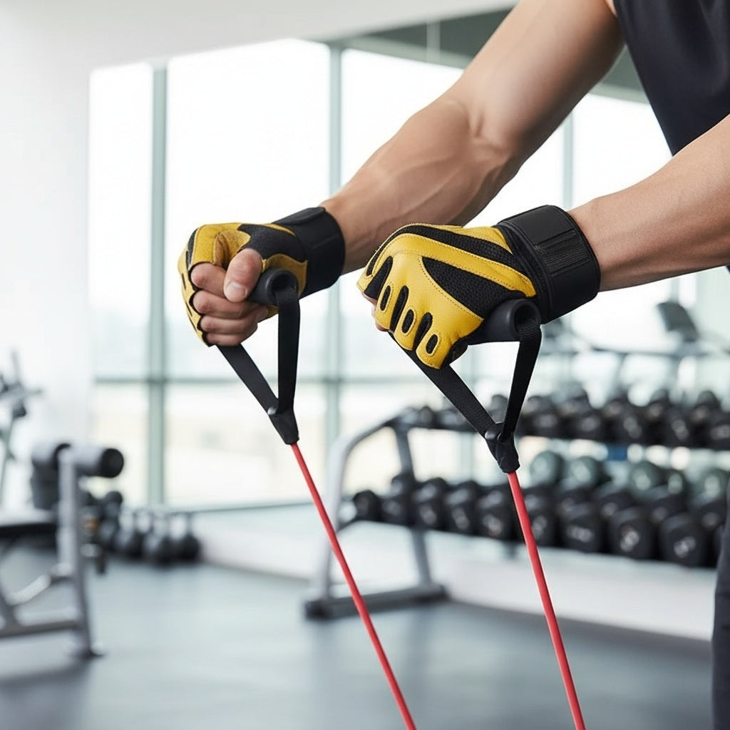 Gant pour musculation une personne tirant sur des bandes de résistances au gym