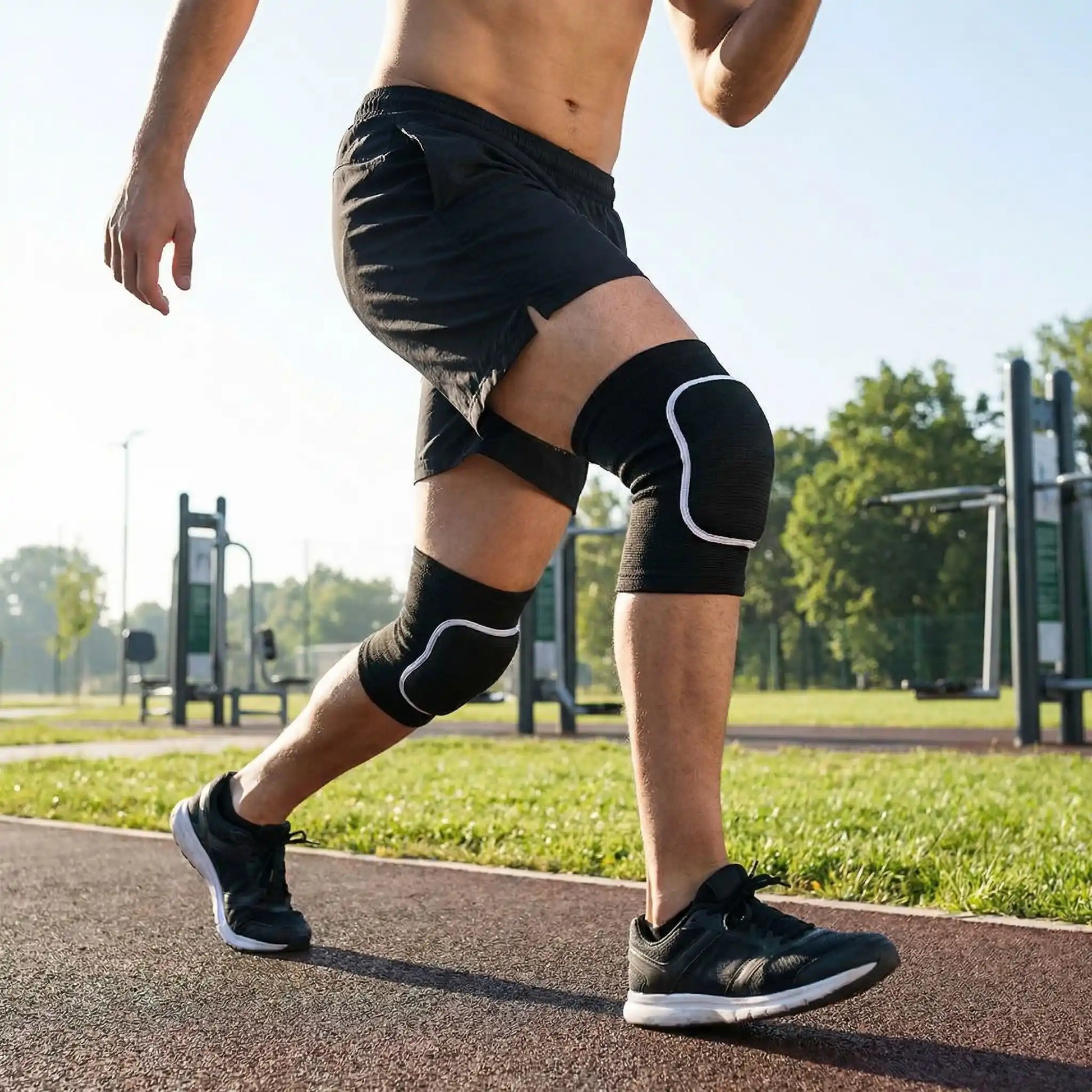 Genouillère pour le sport une personne portant les pièces pendant un réchauffement à l'extérieur