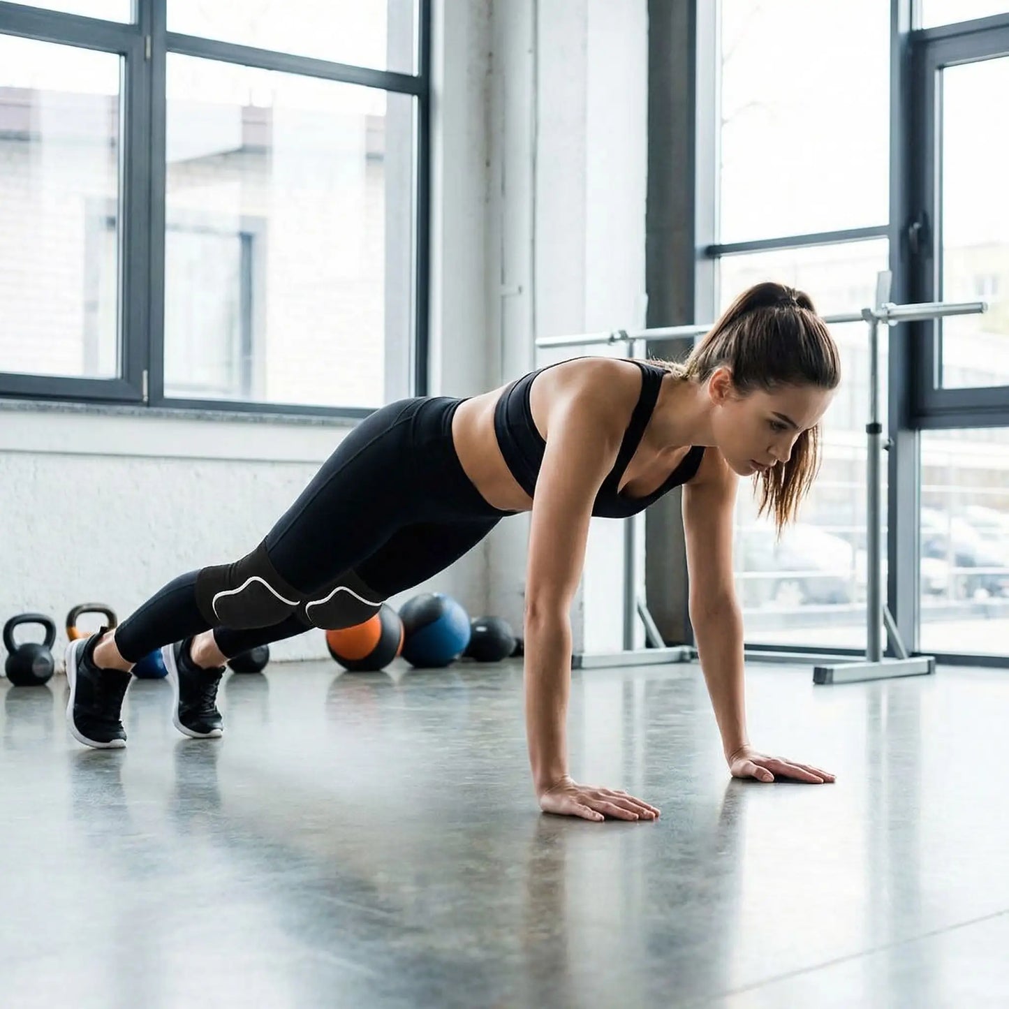 Genouillère pour le sport une personne portant les pièces pendant un renforcement au gym