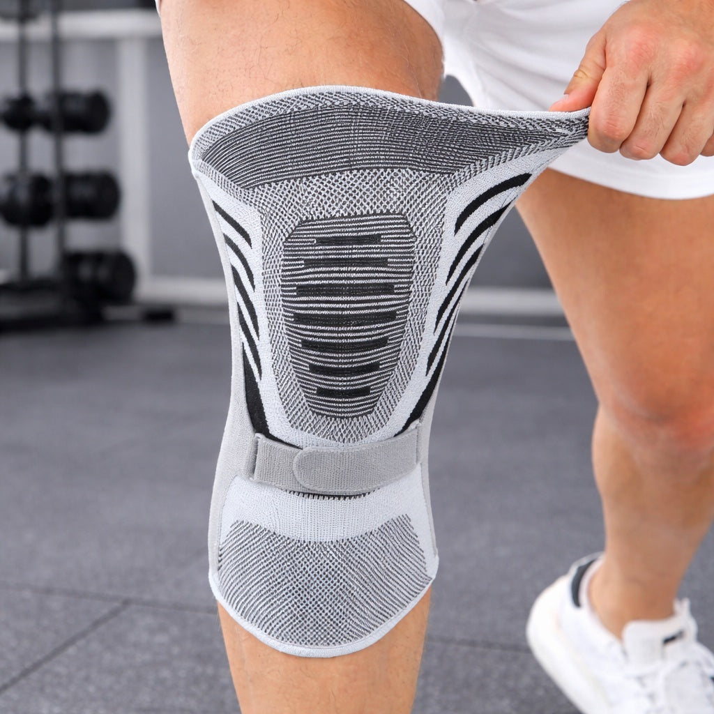 Genouillere pour sport porté par une personne faisant du renforcement musculaire en salle