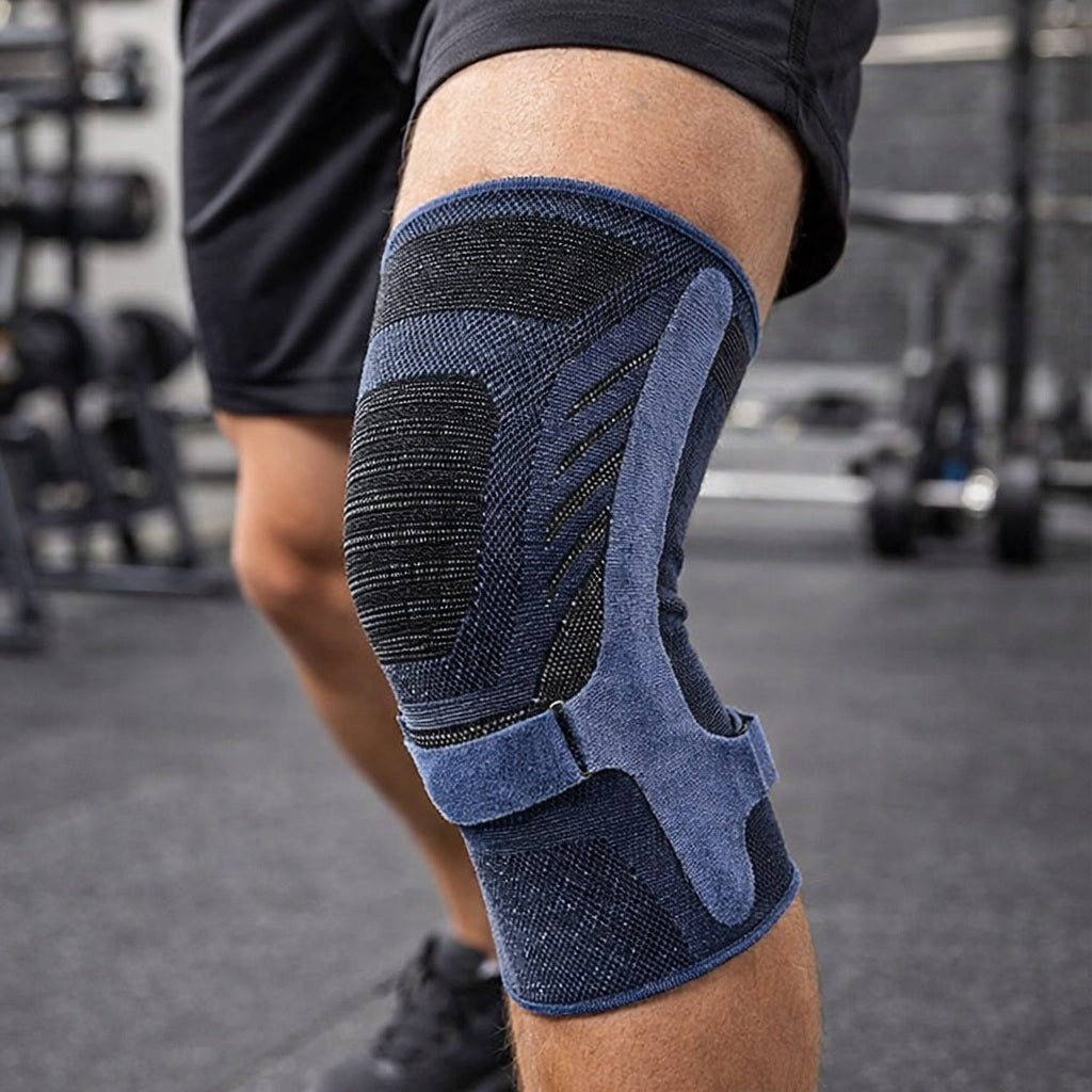 Genouillere pour sport porté par une personne faisant du renforcement musculaire intérieur