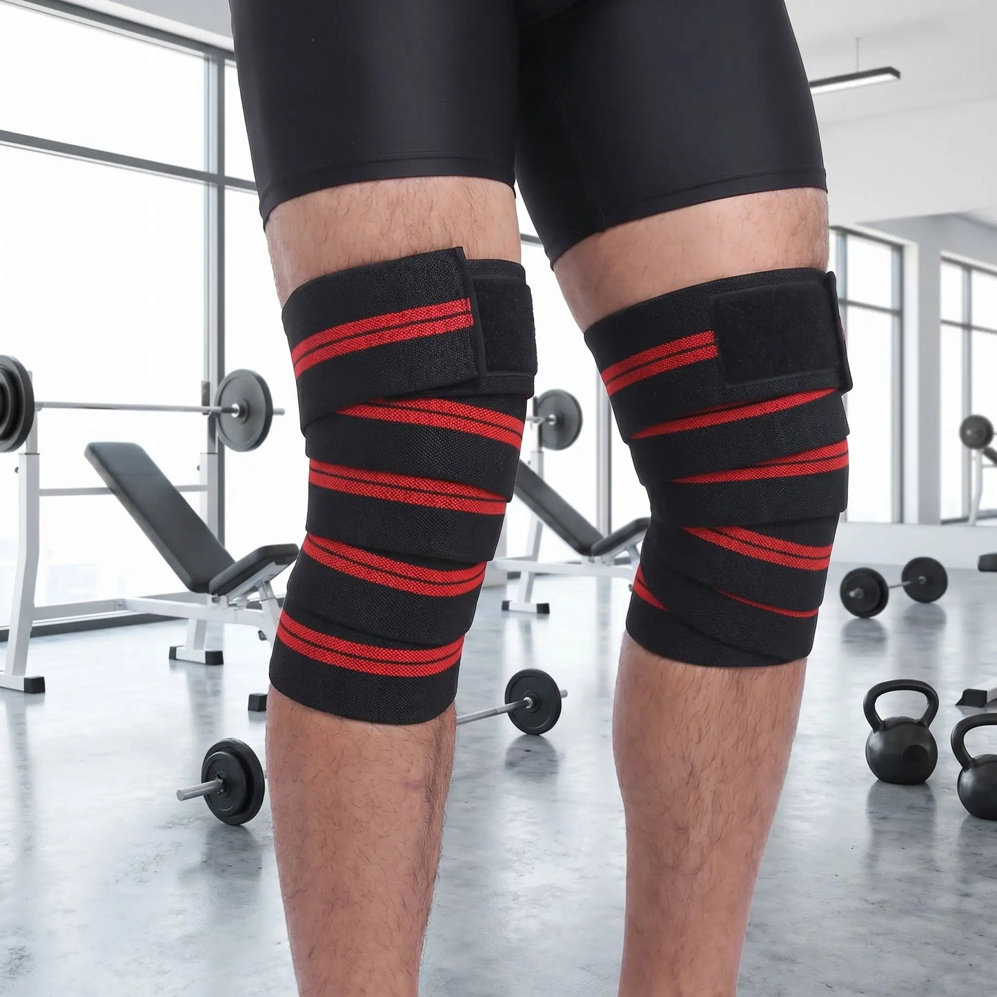 Genouillère sport bandes enroulable modèle de couleur rouge et noir