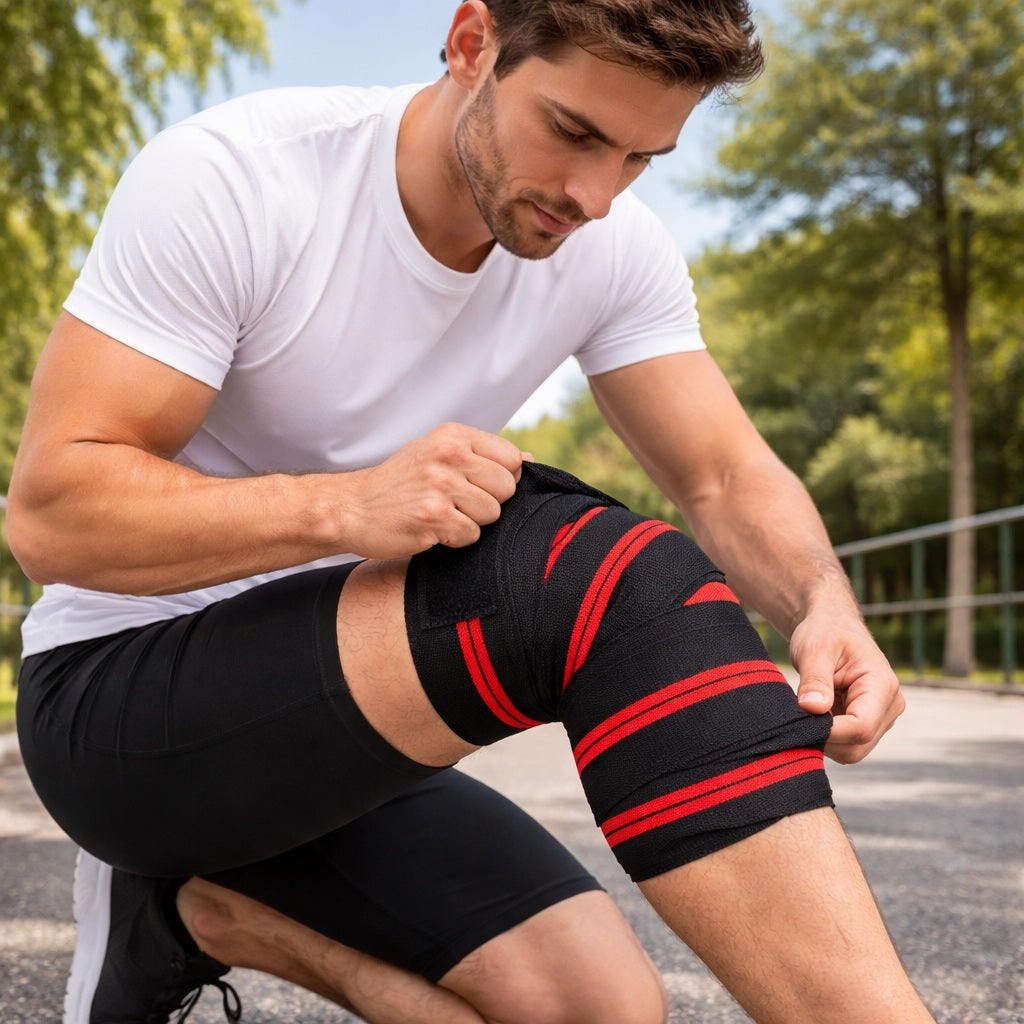 Genouillère sport une personne plaçant la bande enroulable sur la jambe