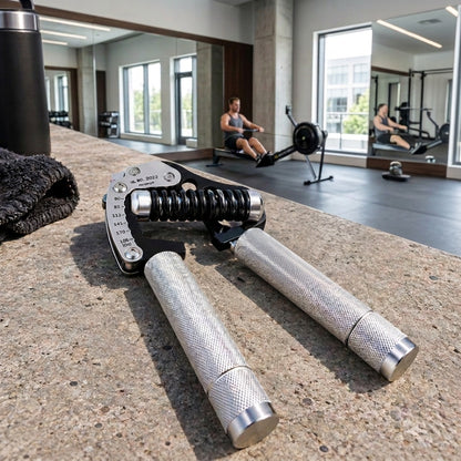 Grip main placé sur un comptoir d'une salle de gym montrant une personne faisant une séance d'exercice sur un rameur