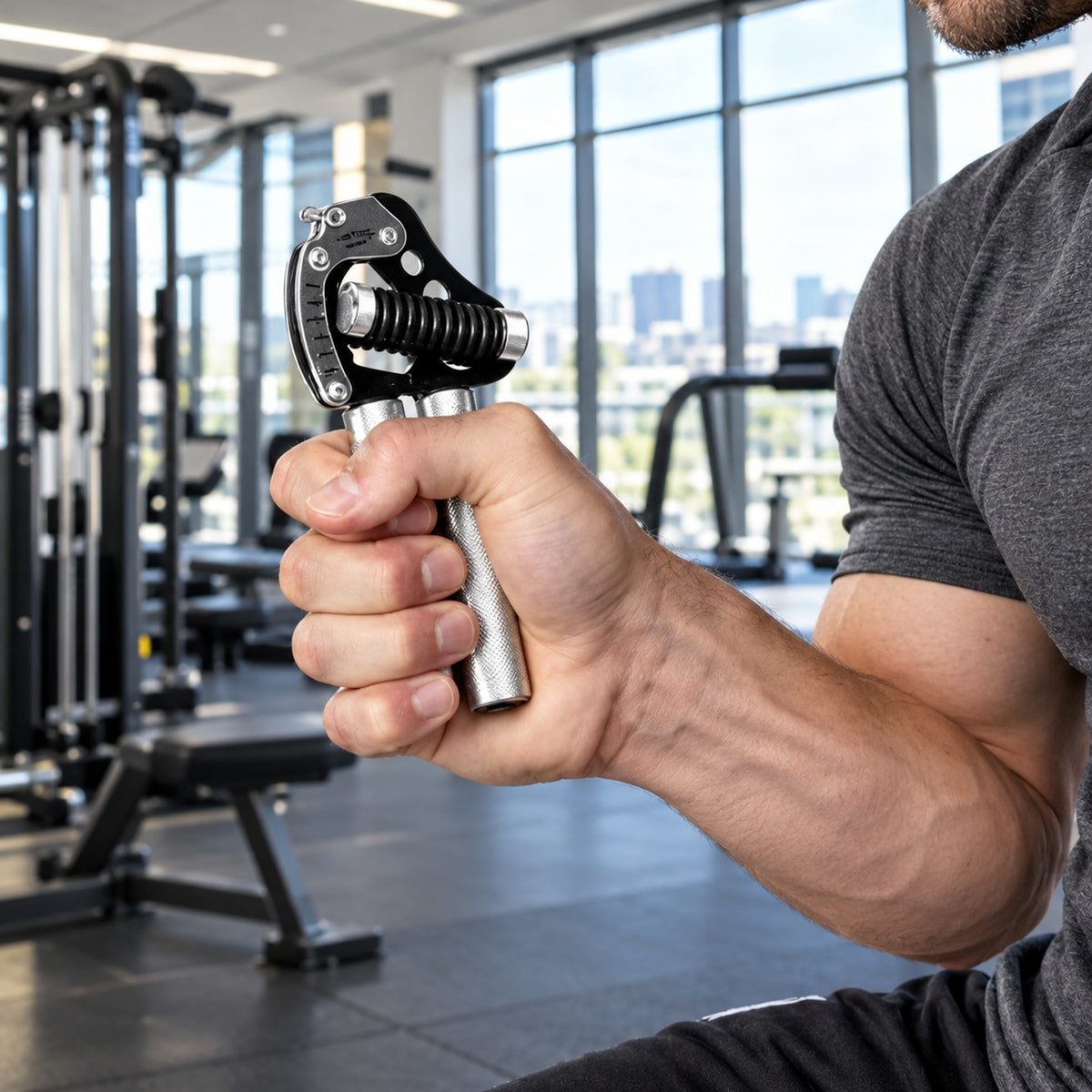 Grip main un homme utilisant la pince de renforcement dans une salle sportive équipé de grande fenêtre face à la ville