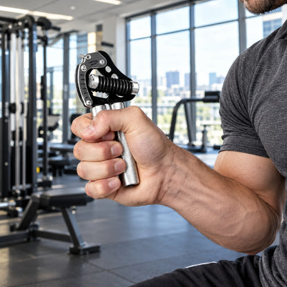 Grip main un homme utilisant la pince de renforcement dans une salle sportive équipé de grande fenêtre face à la ville