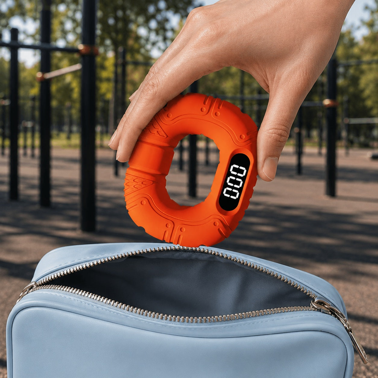 Gripper for hand une personne rangeant le beignet à exercice dans un sac