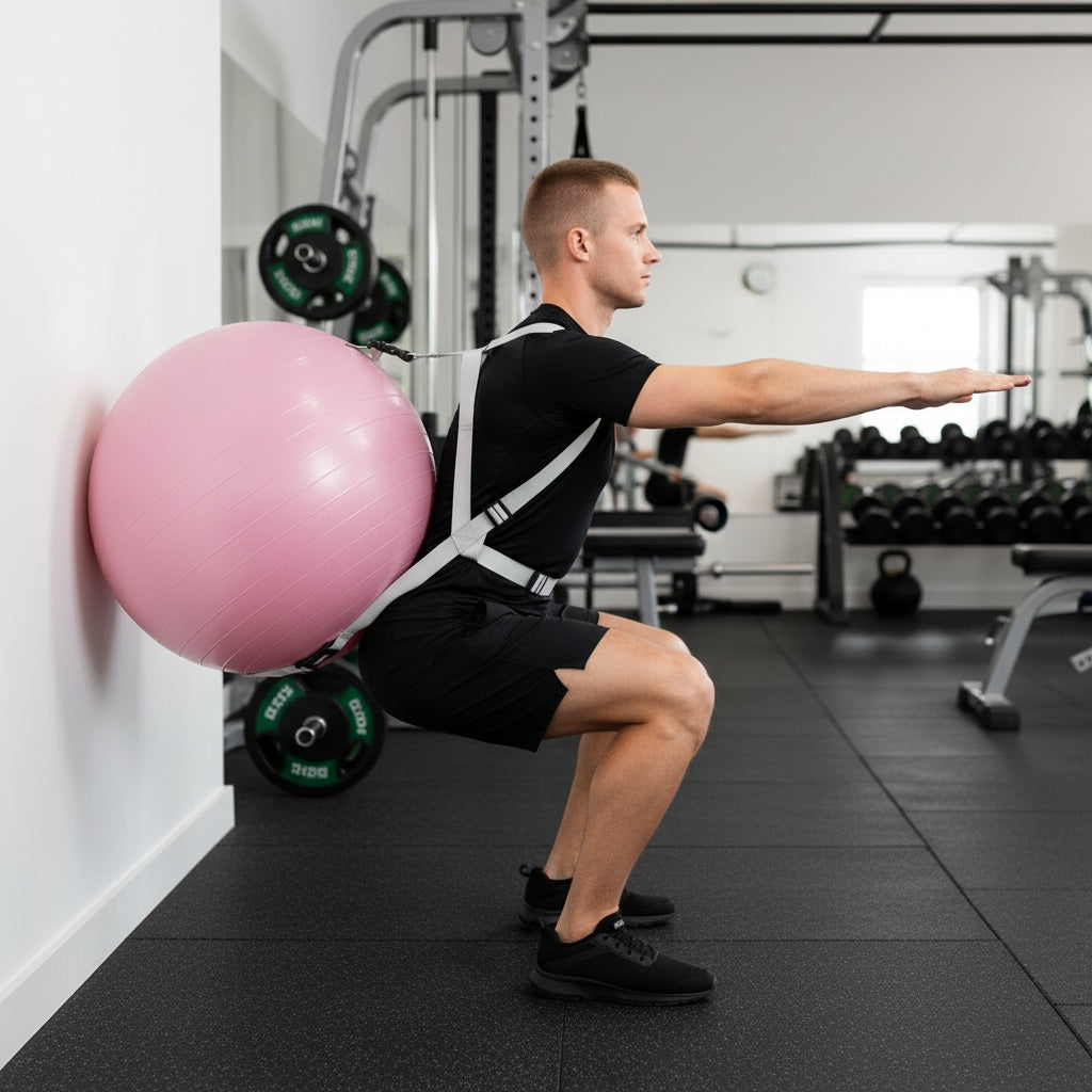 Gros ballon de gym avec sangles intégrées porter par une personne en posture de squat