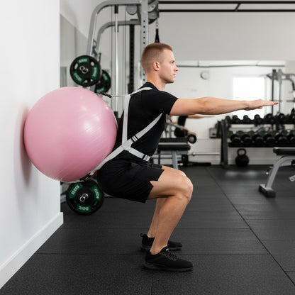Gros ballon de gym avec sangles intégrées porter par une personne en posture de squat