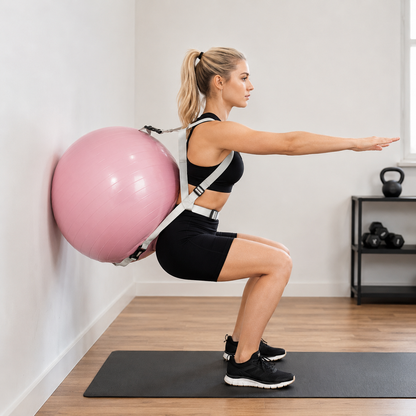 Gros ballon de gym avec sangles porté par une personne en position de squat