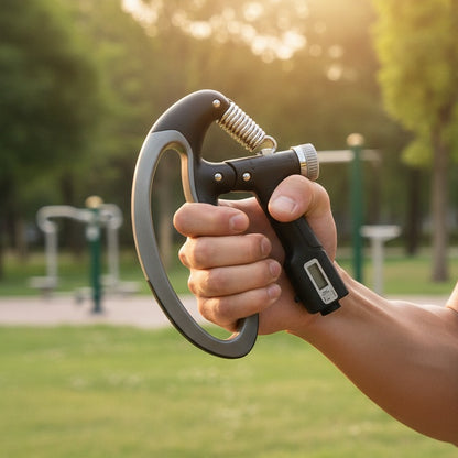 Hand gripper le modèle dans une main d'une personne s'entraînant dehors