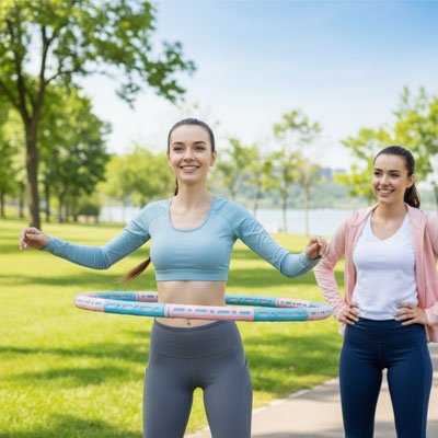 Hula hoop femme fait de exercices dans un espace vert