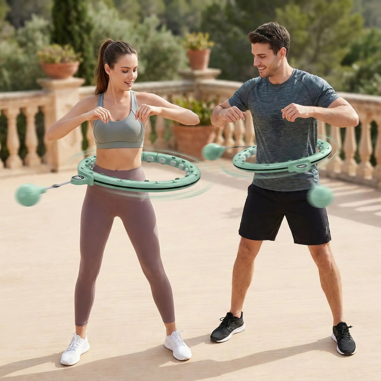 Hula hoop fitness deux personnes s'entraînent ensemble