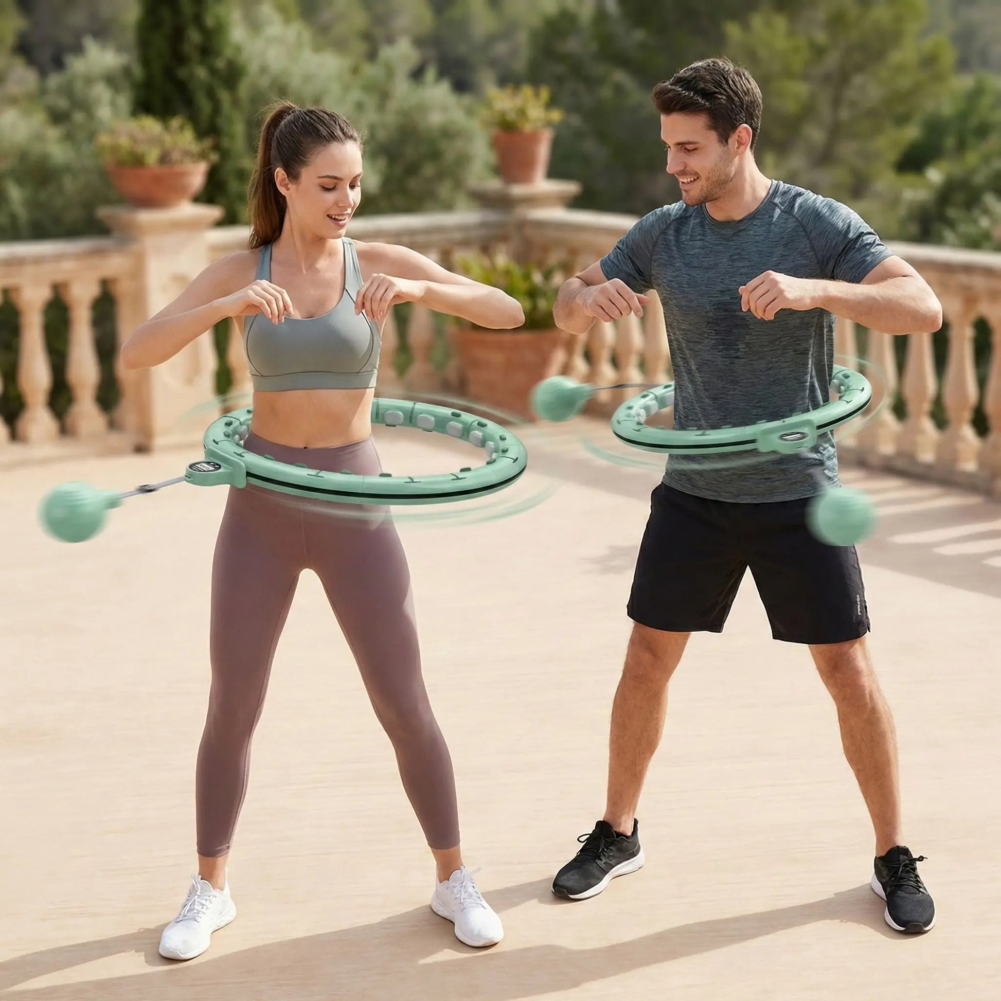 Hula hoop fitness deux personnes s'entraînent ensemble