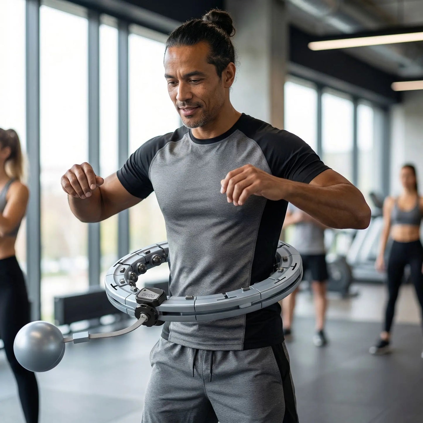 Hula hoop fitness un homme exerce en groupe au gym 