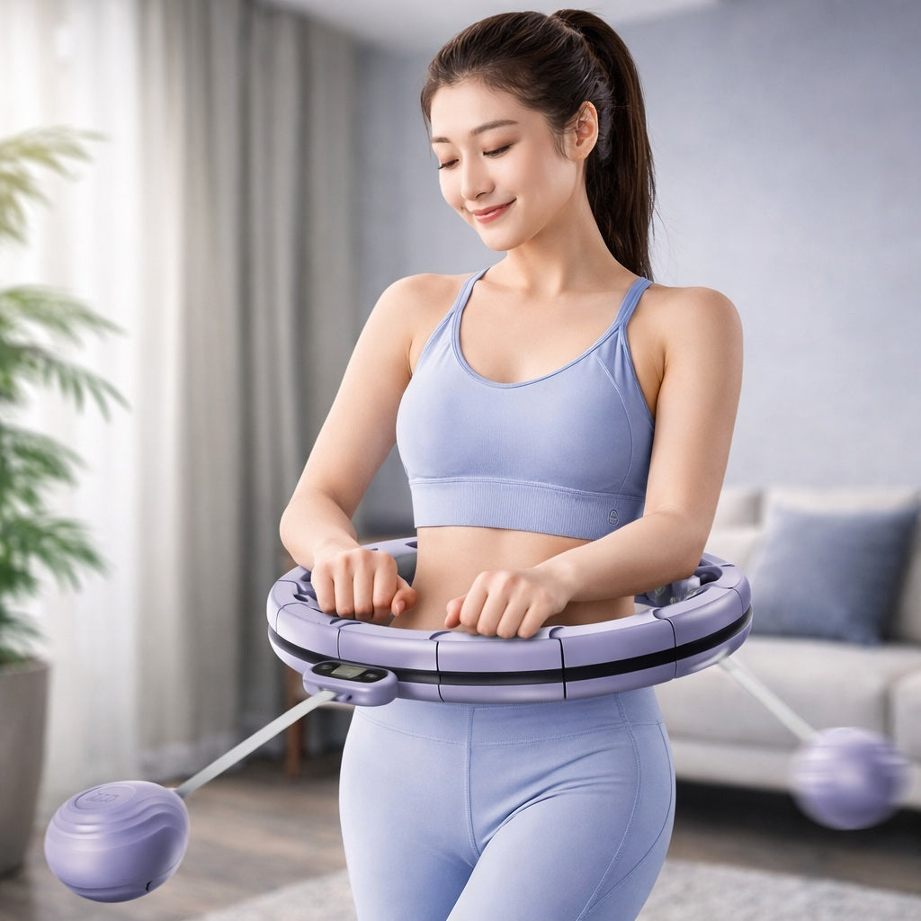 Hula hoop femme pratiquant dans un salon