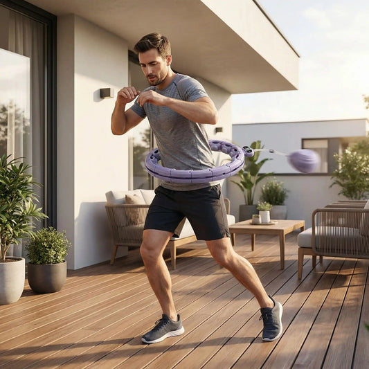 Hula hoop intelligent homme pratiquant sur terrasse
