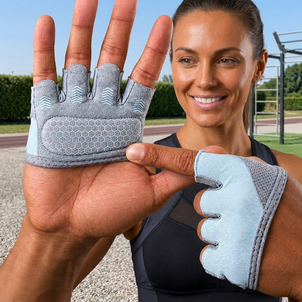 Mitaine musculation portée aux mains d’une femme au sourire radieux montrant joyeusement la paire