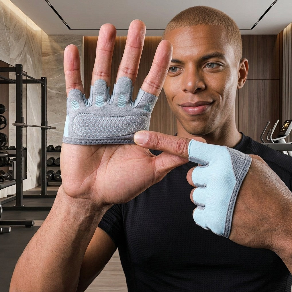 Mitaine musculation un homme souriant portant la paire et les montrant du doigt dans un espace fitness résidentiel lumineux et moderne