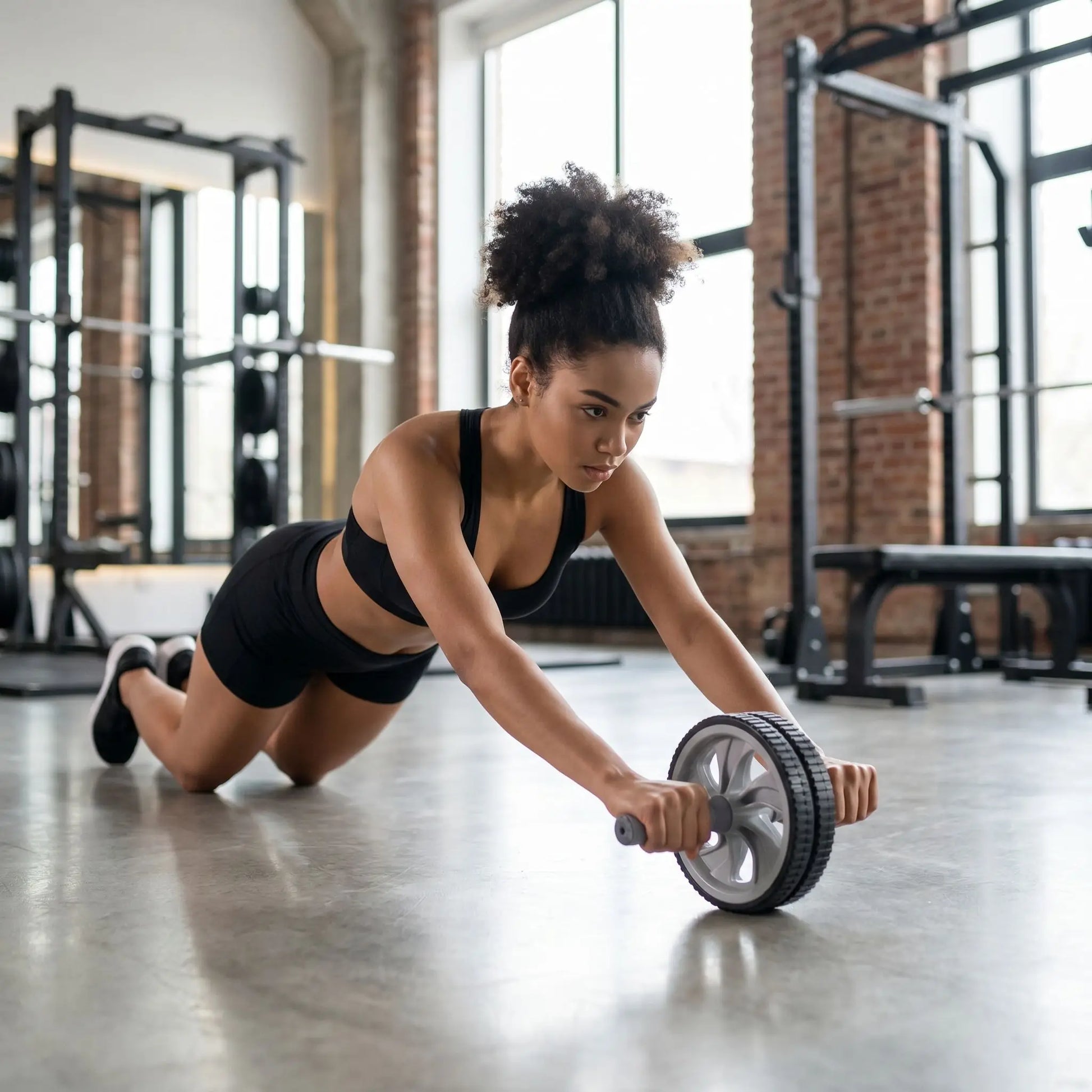 Roue abdo une personne utilisant l'outil dans une salle de gym