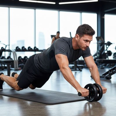 Roue abdominale une personne en séance d'exercice utilisant l'outil au gym