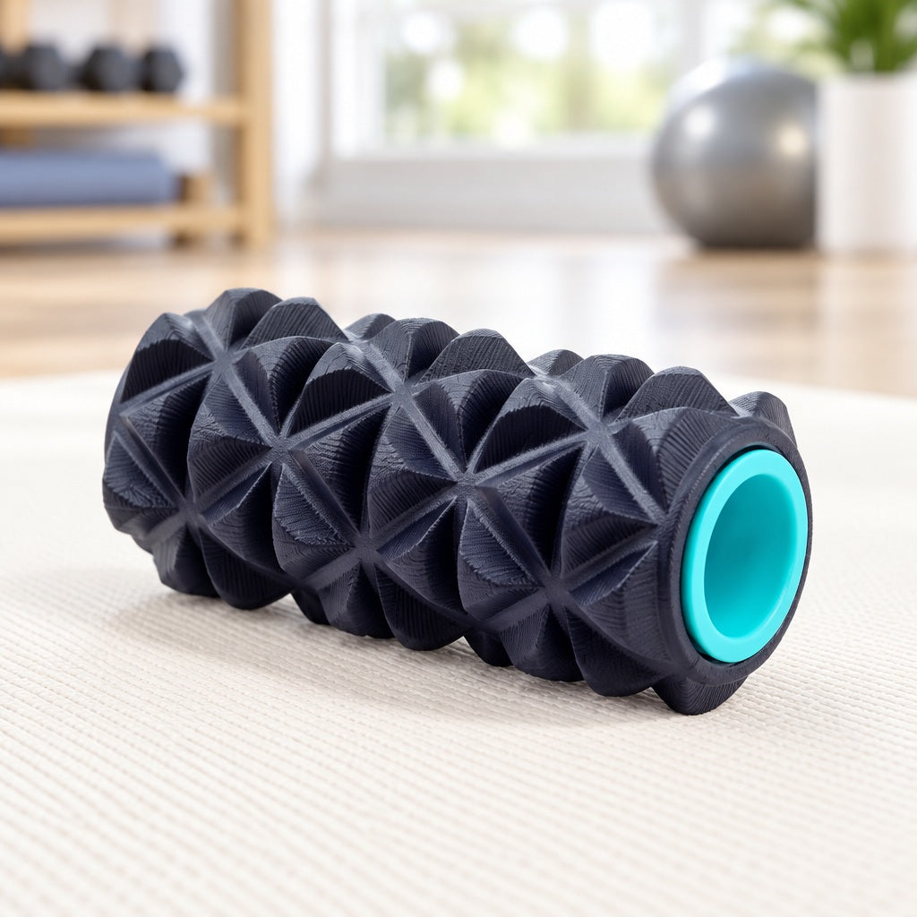 Rouleau de massage pied placé sur un tapis de sport dans un espace lumineux
