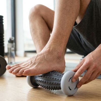 Rouleau de massage pied une personne assise sur le plancher roulant l'outil sous la voute plantaire