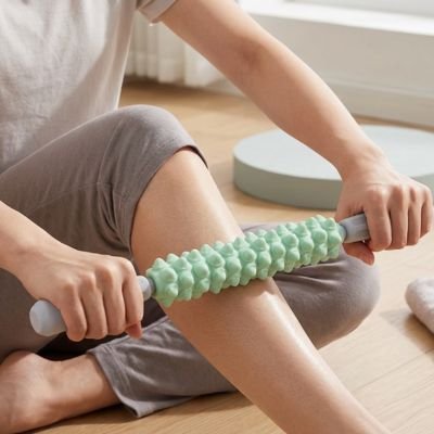 Rouleau de massage une personne roulant l'accessoire sur son tibia